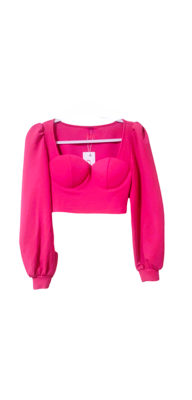 Women's Pink Rib Crop Top Long Sleeve Puff Corset Blouse