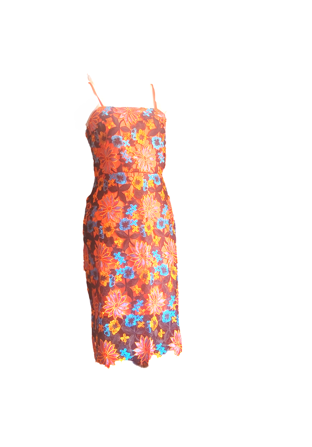 Women's African Dry Flowery Lace Dress Nigerian Spaghetti Strap Knee Length