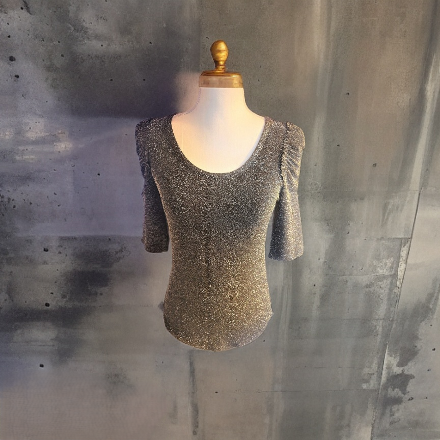 Candie's Ruffled Stretchy Sleeve Glitter Tee Round Neck Tops T Shirt Blouse Clubwear Size Small Glitter Tee Blouse Tops