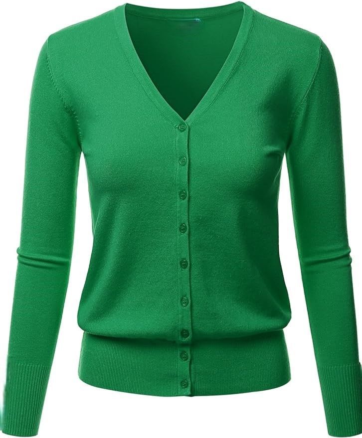 Vila Milano Women's V-Neck Green Long Sleeve Button Down Sweater Cardigan Soft Knit