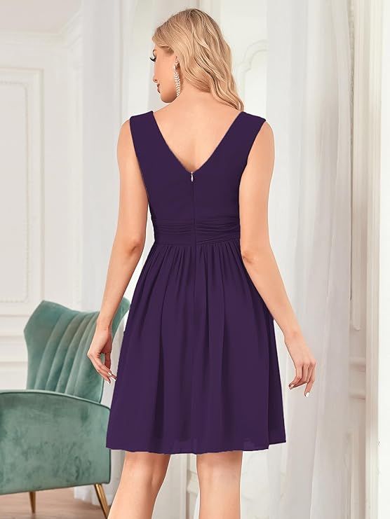 Pretty Women's Purple Sleeveless Knee-Length V Neck Ruched Chiffon Formal Party Dress Deep Purple Sleeveless Gown Dress