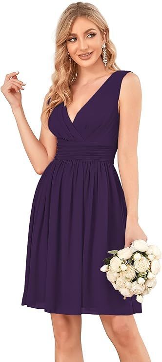 Pretty Women's Purple Sleeveless Knee-Length V Neck Ruched Chiffon Formal Party Dress Deep Purple Sleeveless Gown Dress