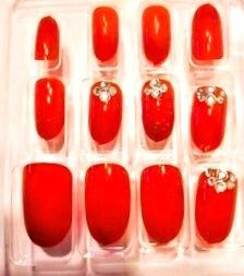 Press On Nails - 12 Pre-glued Medium Fake Nails Glue on Ballerina False Nails Kit for Women (Red)