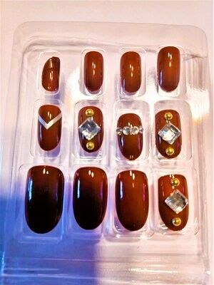 Press On Nails - 12 Pre glued Medium Fake Nails Glue on Ballerina False Nails Kit for Women (Wine)