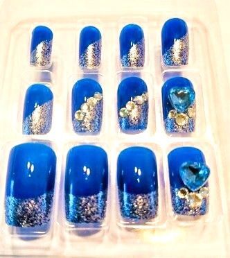 Press On Nails - 12 Pre-glued Medium Fake Nails Glue on Ballerina False Nails Kit for Women (Blue)