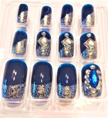 Press On Nails - 12 Pre-glued Medium Coffin Fake Nails Glue on Ballerina False Nails Kit for Women (Dark Blue)
