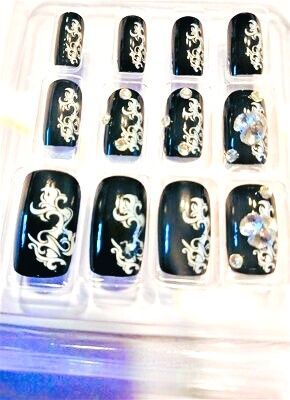 Press On Nails - 12 Pre-glued Medium Coffin Fake Nails Glue on Ballerina False Nails Kit for Women (Artistic Black)