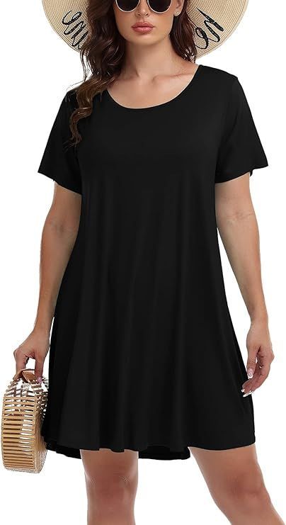 Womens Plus Size Summer Casual T Shirt Dresses Short Sleeve Swing Tunic Dress Black dress with white helms