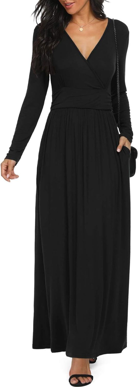 Women Long Sleeve Deep V Neck Loose Plain Long Maxi Casual Dress