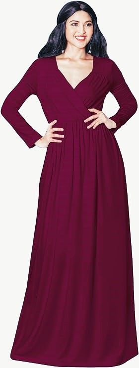 LIU & QU Women Elegant Long Sleeve Cross-Front V Neck Stretch Neck Evening Gown Maxi Dress Long Gown Dress