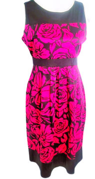 Motherhood Women's Stretchy Pink and Black Hide Belly Blouson Knee Length Dress Gown