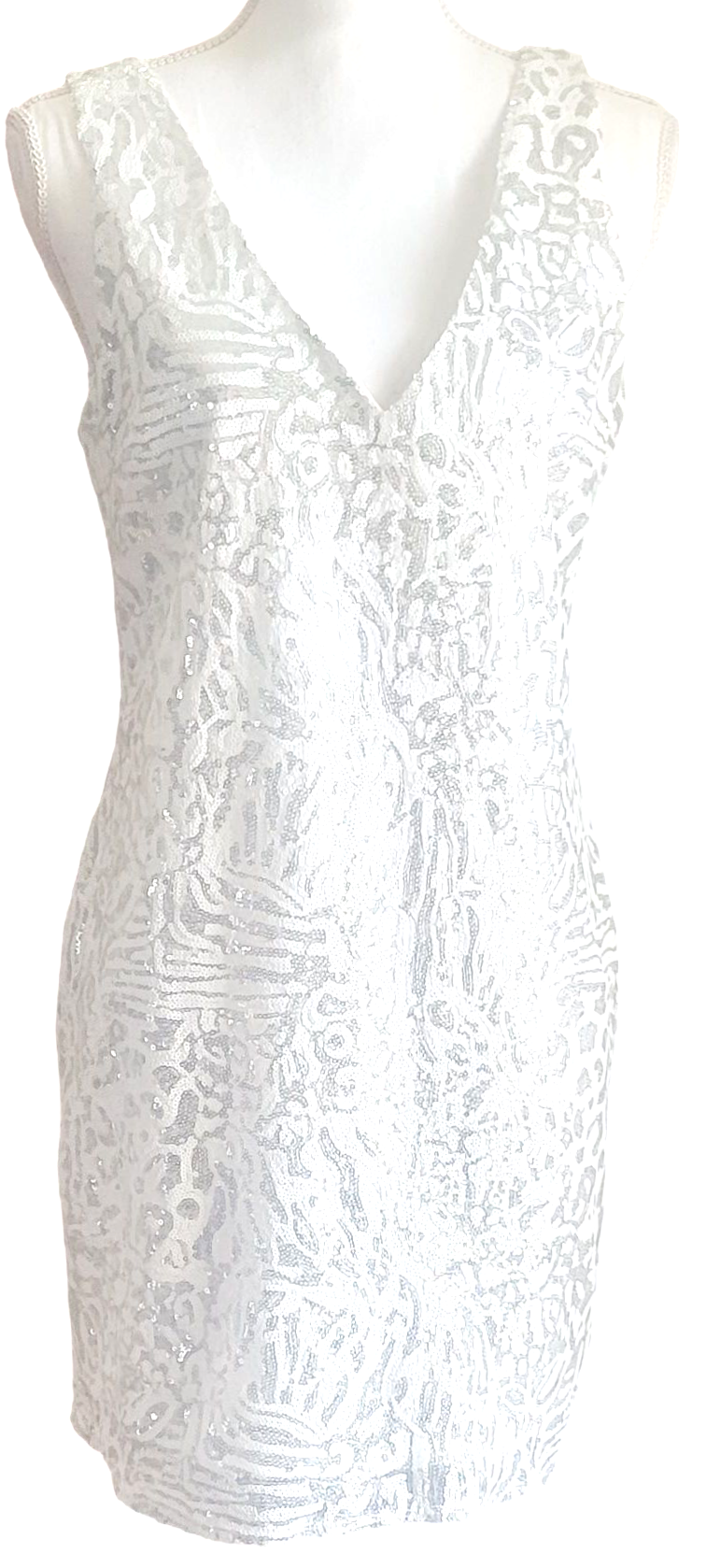 Sequin Glitter Dress Double V Neck Bodycon Party Club Cocktail Evening Mini Dresses Forever 21 Short White armless gown Us L Size 4- 5