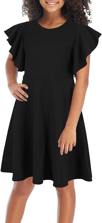 GORLYA Girl's Flutter Sleeve Stretchy A-Line Swing Flared Skater Party Dress with Pockets for 10-12 Years Kids