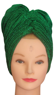 Green Twist Glitter Pleated Hair Wrap Stretch Turban Gele