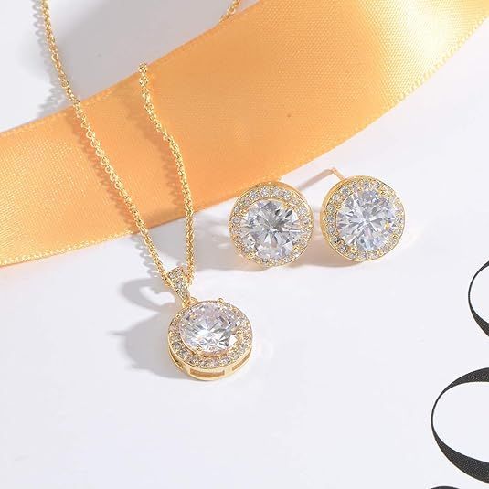 Gold Cubic Zirconia Halo Pendant Necklace and Stud With white special center Stone Earrings Jewelry Set
