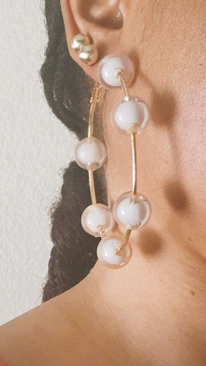 White bead Hoop Earrings for women Circle Dangle Drop Earrings Beaded Earrings length 2.7/8 Inch 76 MM