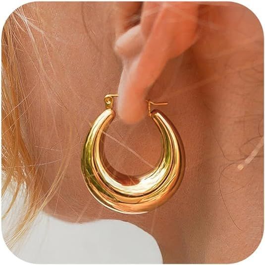 Chunky Gold Hoop Earrings for Women, 14k Gold Plated Thick Triple Hoop Earrings Hypoallergenic Trendy Chunky Gold Hoops Earrings Dainty Jewelry Gifts for Women Girls Length 1.8inch width 1.6inch