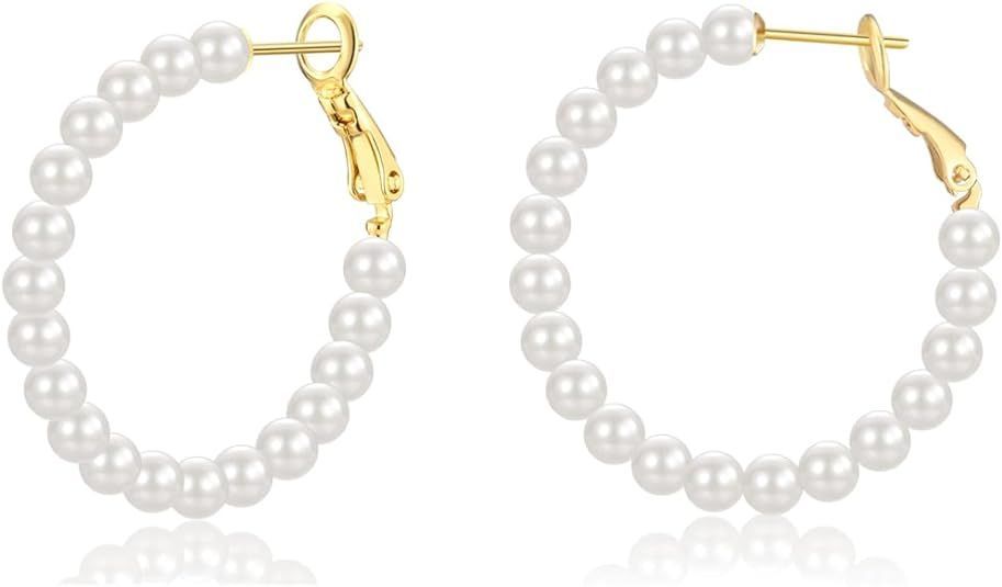 Faux Pearl Hoop Earrings Large Hoops Huge Circle Pearls Earrings Boho Gold Pearl Hoop Earrings for Women, 14K Gold Plated Pearl Earrings 925 Sterling Silver Post Big Pearl Hoop Earring 2inch jewelry