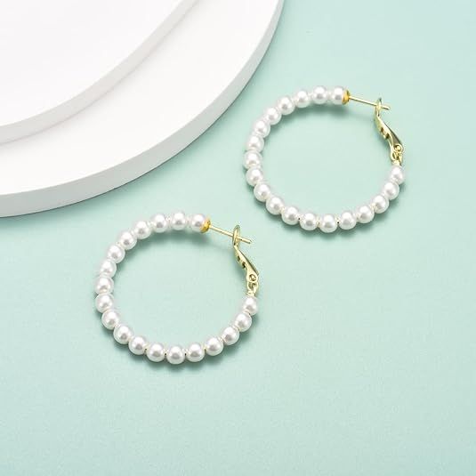 Faux Pearl Hoop Earrings Large Hoops Huge Circle Pearls Earrings Boho Gold Pearl Hoop Earrings for Women, 14K Gold Plated Pearl Earrings 925 Sterling Silver Post Big Pearl Hoop Earring 2inch jewelry
