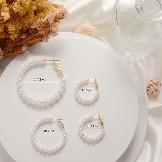 Faux Pearl Huge Earrings for Women Lightweight Open Large Circle Round Beaded Earrings Brides Jewelry 5MM Thick Pearl Hoop Earrings for Women, Pearl Earrings Hypoallergenic 1.56