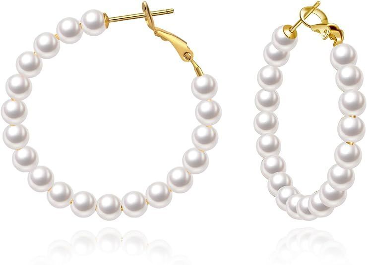 Faux Pearl Huge Earrings for Women Lightweight Open Large Circle Round Beaded Earrings Brides Jewelry 5MM Thick Pearl Hoop Earrings for Women, Pearl Earrings Hypoallergenic 1.56"