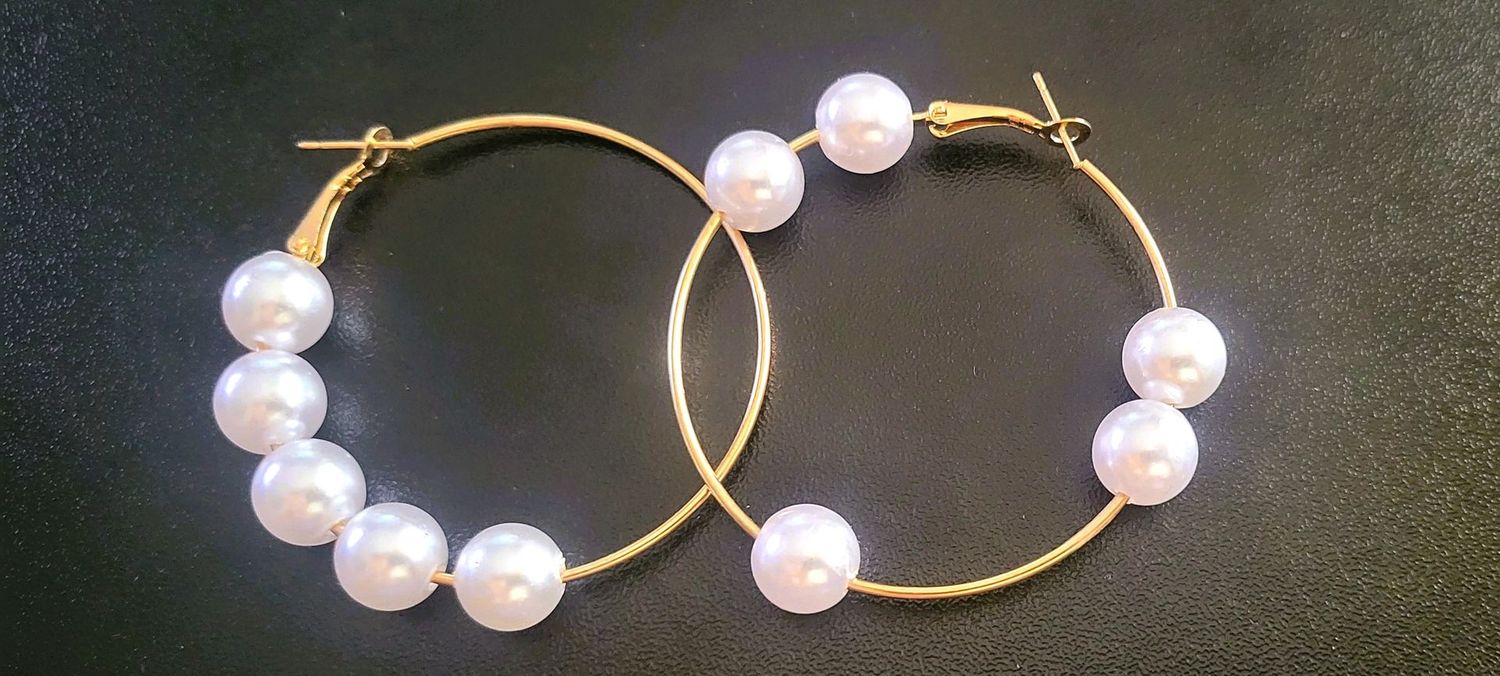 Large Pearl Hoop Earring For Women Hypoallergenic Huge Circle Pearl Drop Dangle Hoop Earrings Jewelry with Gold tone length 2inch 50.8MM