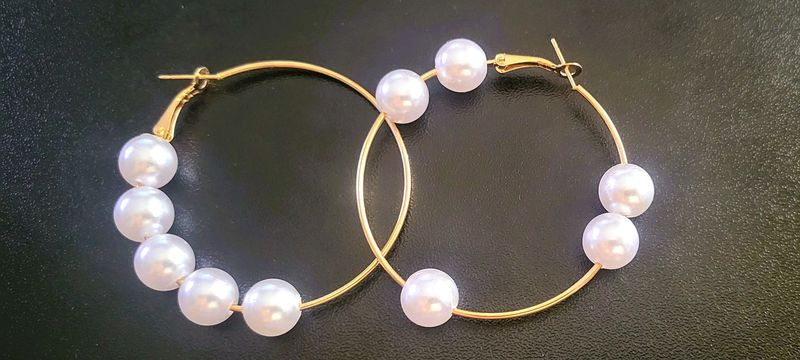 Large Pearl Hoop Earring For Women Hypoallergenic Huge Circle Pearl Drop Dangle Hoop Earrings Jewelry with Gold tone length 2inch 50.8MM
