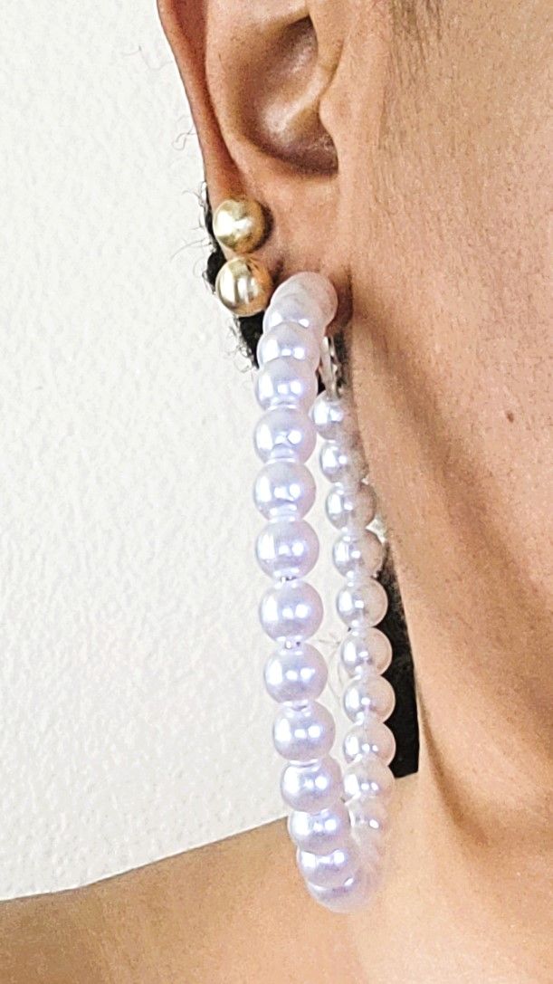 Very Large Pearl Hoop Earring For Women Hypoallergenic Huge Circle Pearl Drop Dangle Hoop Earrings Jewelry with silver tone length 3.3 inch