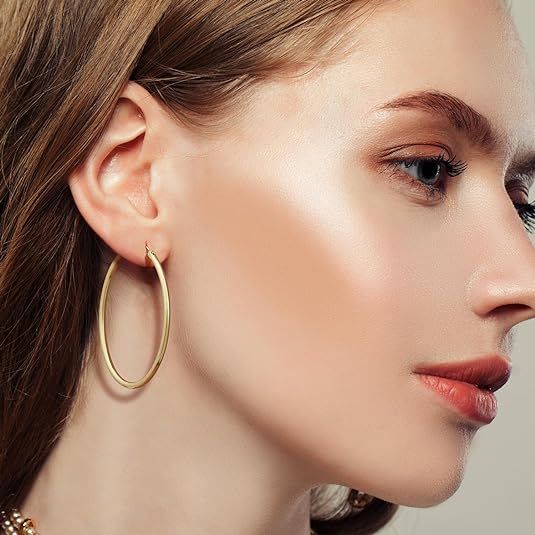 14K Gold Hoop Earrings for Women, 14K Gold Earrings Classic Shiny Polished Round Hoop Earrings, Hypoallergenic Earrings Big Gold Hoops Earrings Jewelry 2
