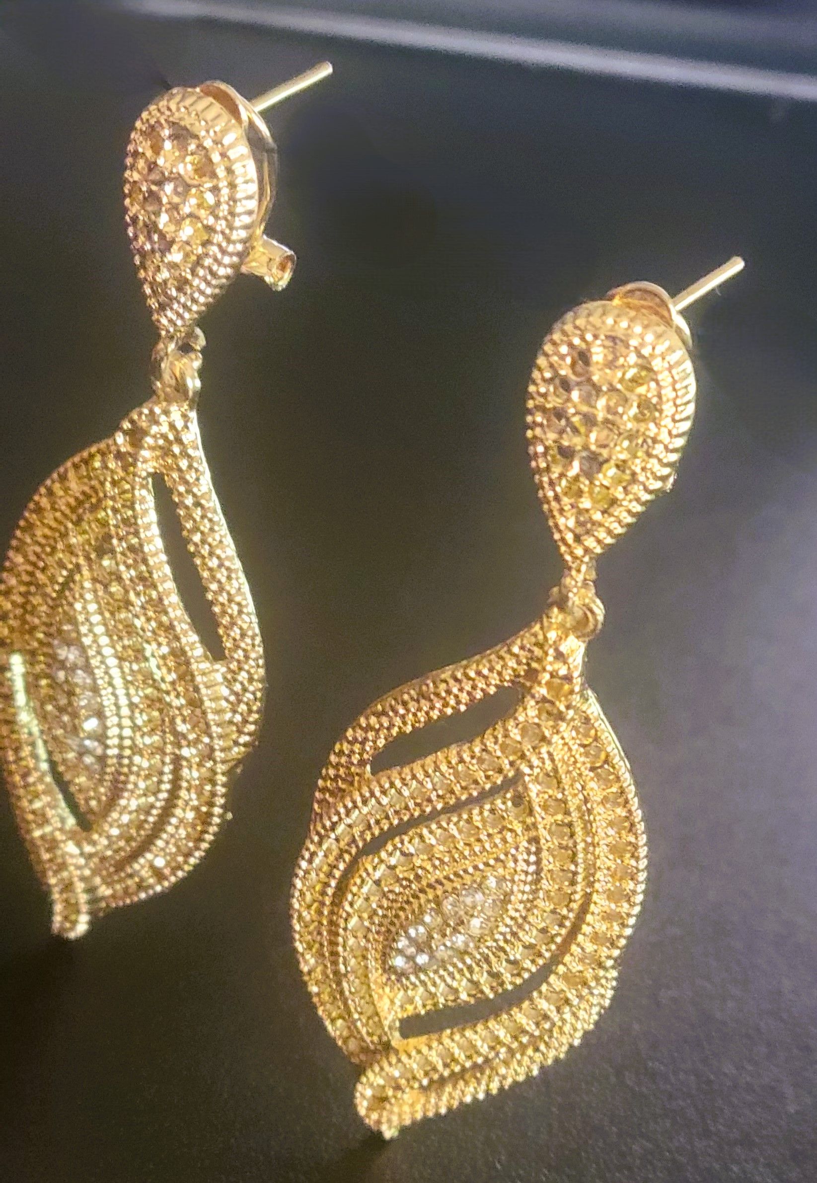 Dramatic Micro-Pave CZ Dangle Bridal Wedding Earrings and Pendant with Genuine 14K Gold Plating jewelry 66MM