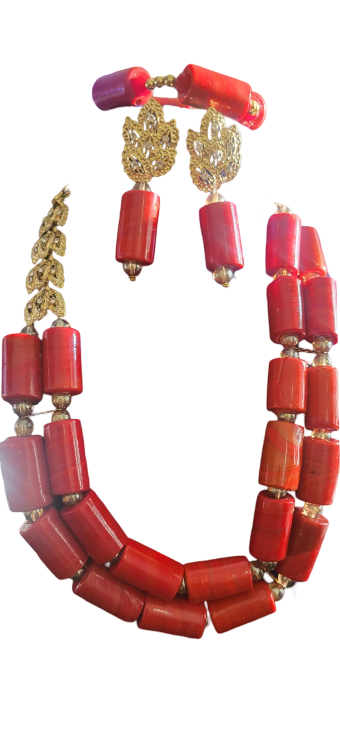 Uzochi – African Traditional Cultural Bead Mixed with Gold, Beaded Necklace, bracelet and earring Set