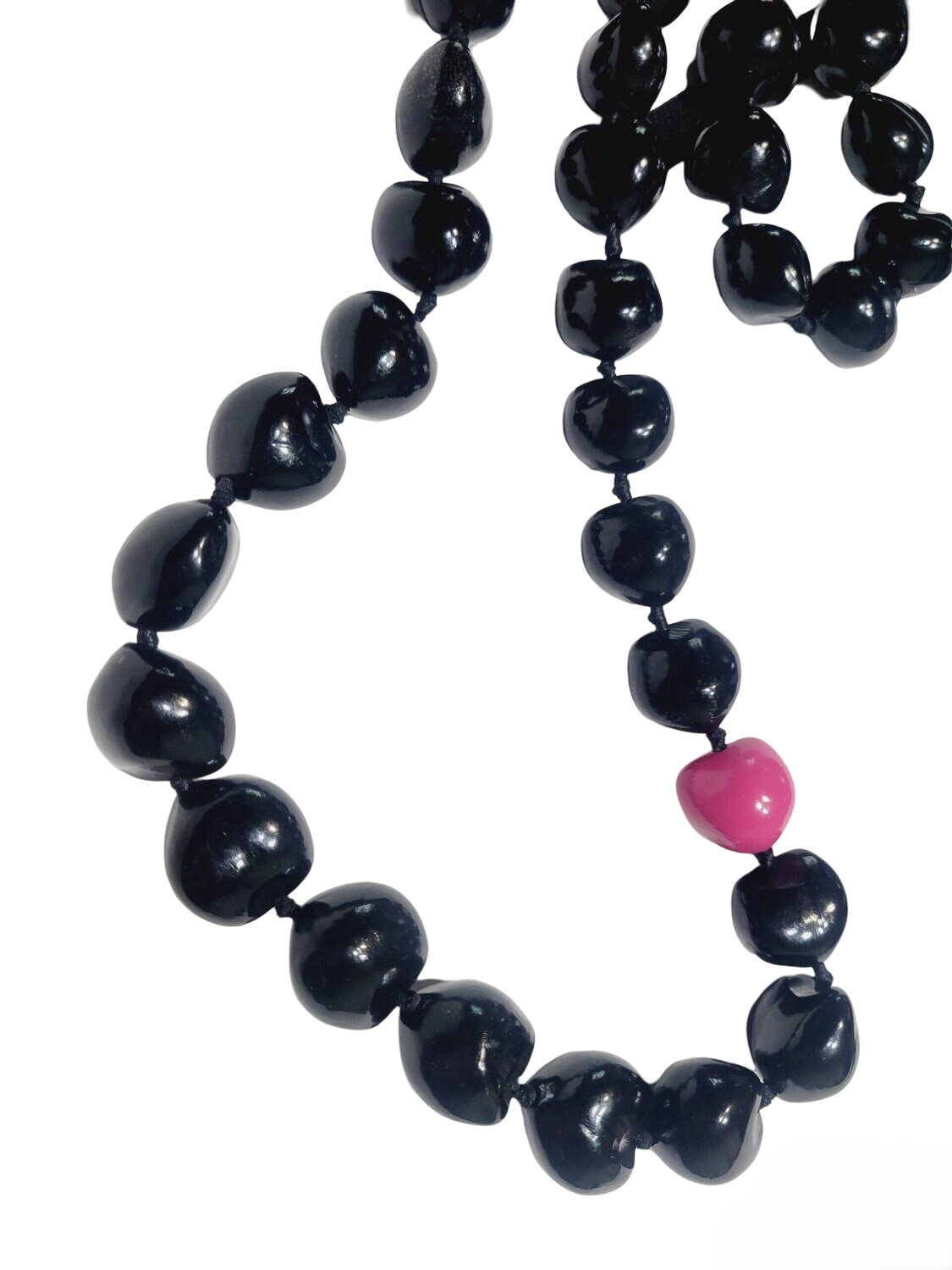 Mens and Womens Genuine Smooth Glossy Kukui Nut Necklace Lei Derived from the Lumbang Tree From the Philippines Hawaii Kukui Nut Black and one pink bead Necklace 33"