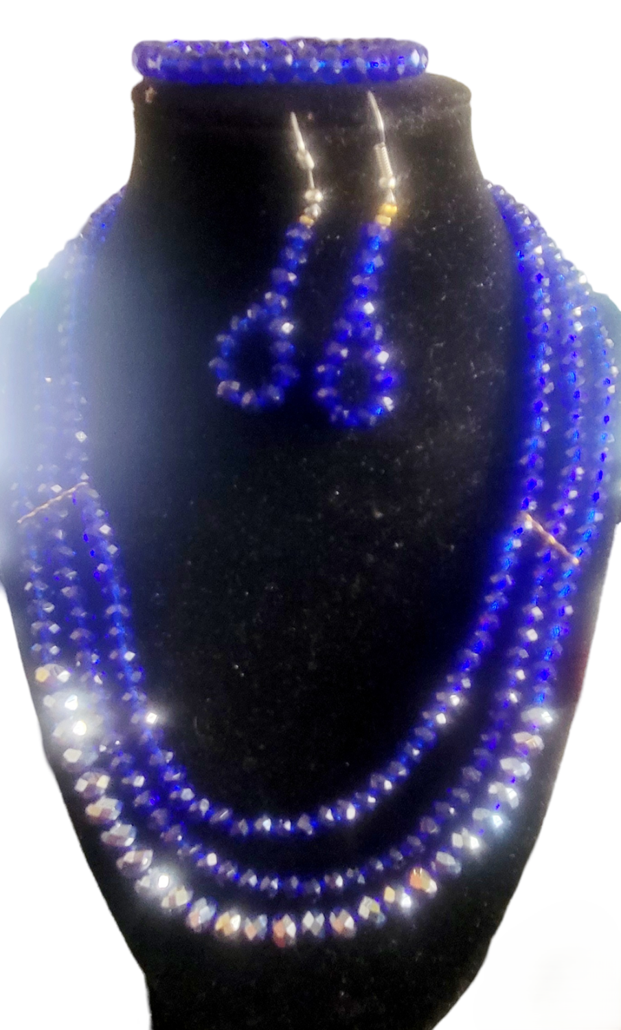 Indian onyx bead three 3 layer necklace, multi layer jewelry necklace, multi strand necklace, 1 elastic bangle and Earring set natural stone deep blue dazzle, crystal beaded jewelry silver and gold