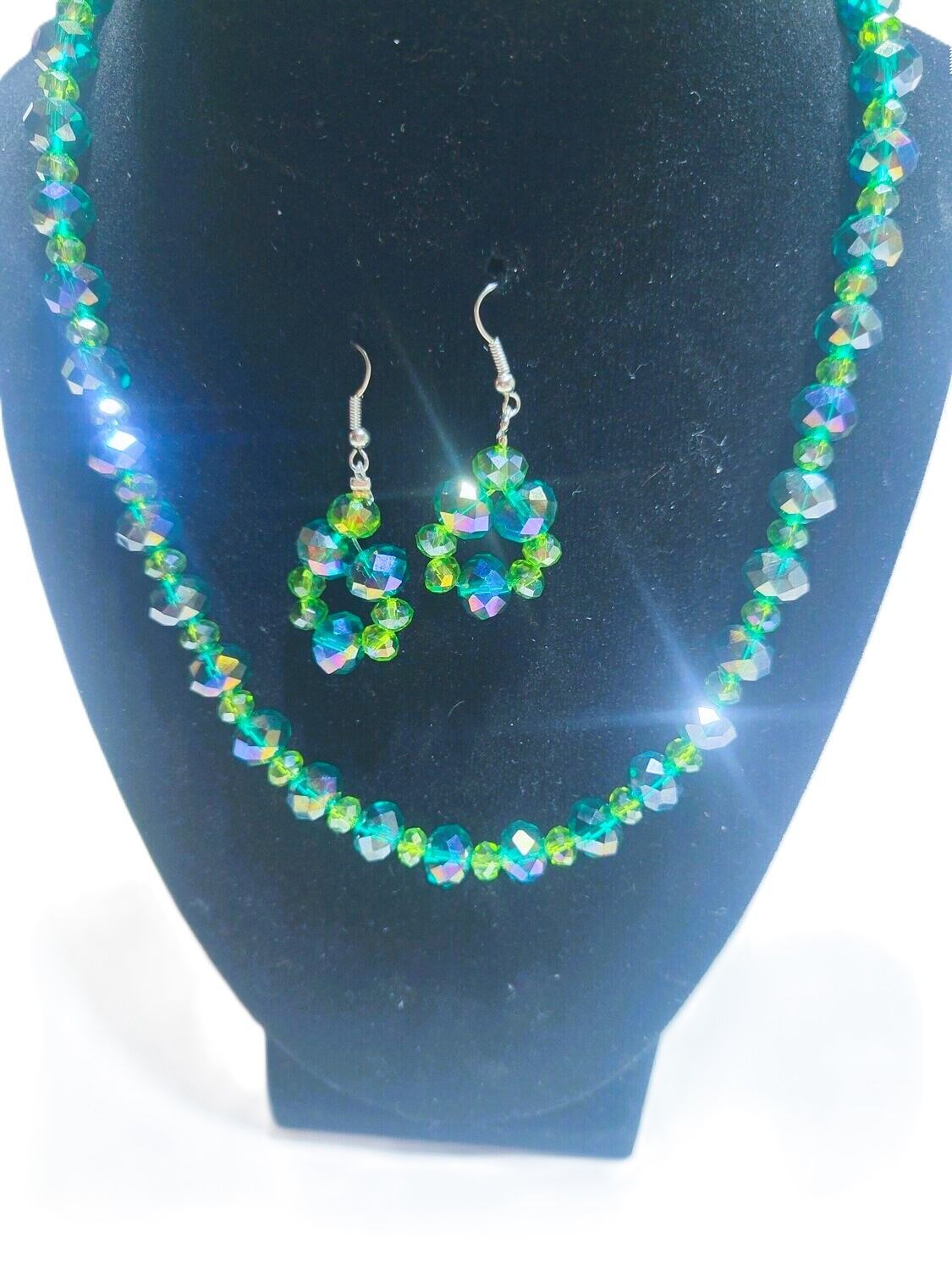 Vintage Green Crystal Bead Necklace and Earrings