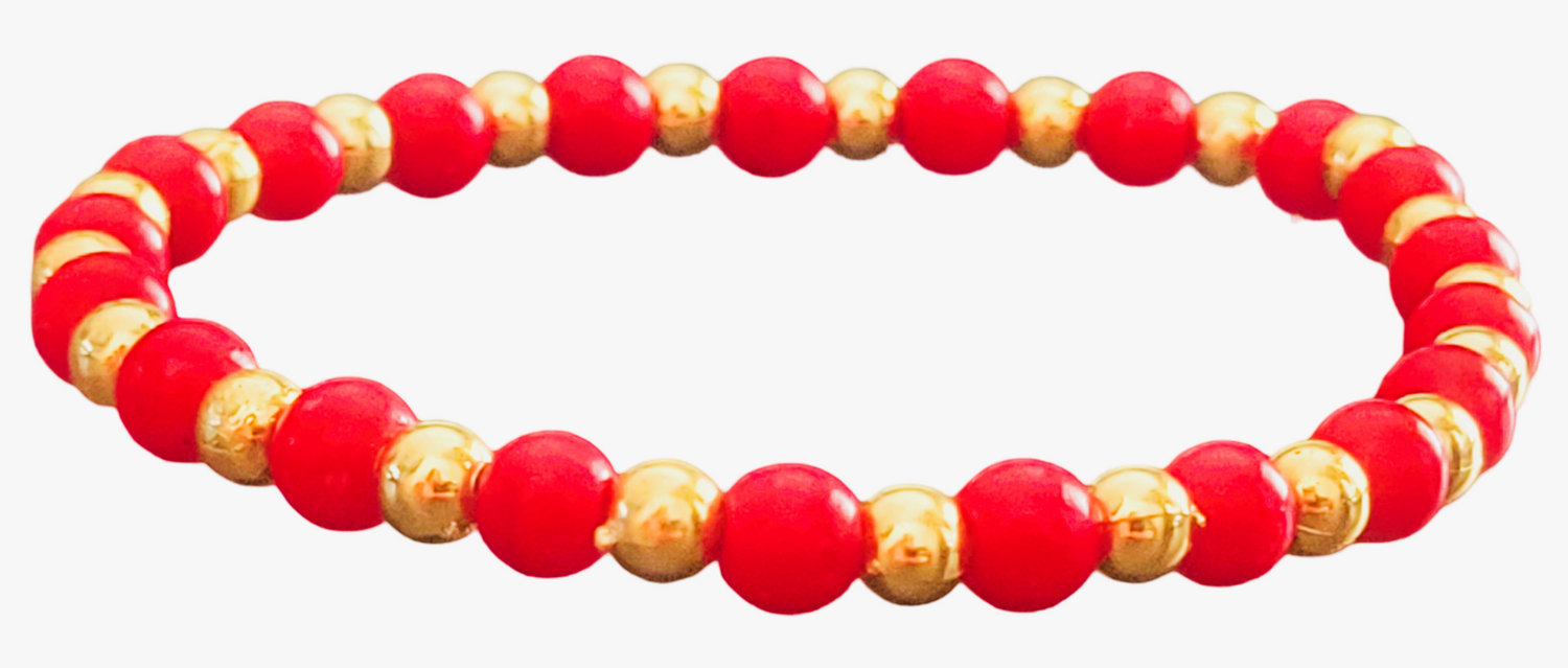 Red Coral Bead Stretch Bracelet With 14kt Yellow Gold. 9 inches Unisex