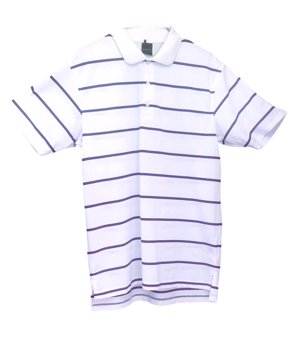 Dunning Golf White, With stripped purple and blue Stadium. Stripe Short Sleeve Polo Men's Short Sleeve Polo Shirt Top Casual Slim Fit Mock Neck Basic Designed Cotton Shirts