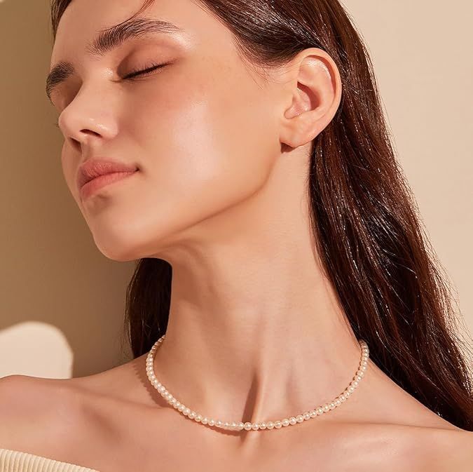 HUWODY Round White Simulated Shell Pearl Necklace Strand | Pearl Choker