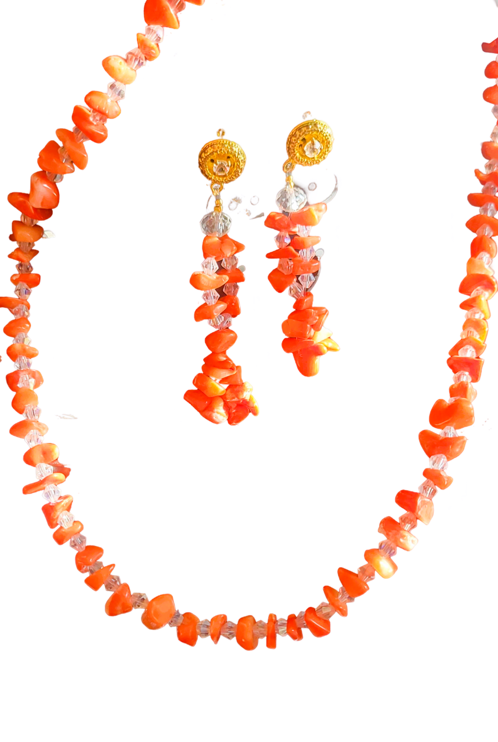 Handmade Red Coral Bead Necklace and Earring Set - Natural Gemstone, Length 17", Coral Beads with Crystals - Perfect Gift for Her