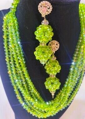 Leaf Green Charming Nigerian Wedding African Beads Bridal Jewelry Earrings and Necklace 6layers twisted into 1 Set Crystal Beads Jewelry 18.5" with adjustable hook