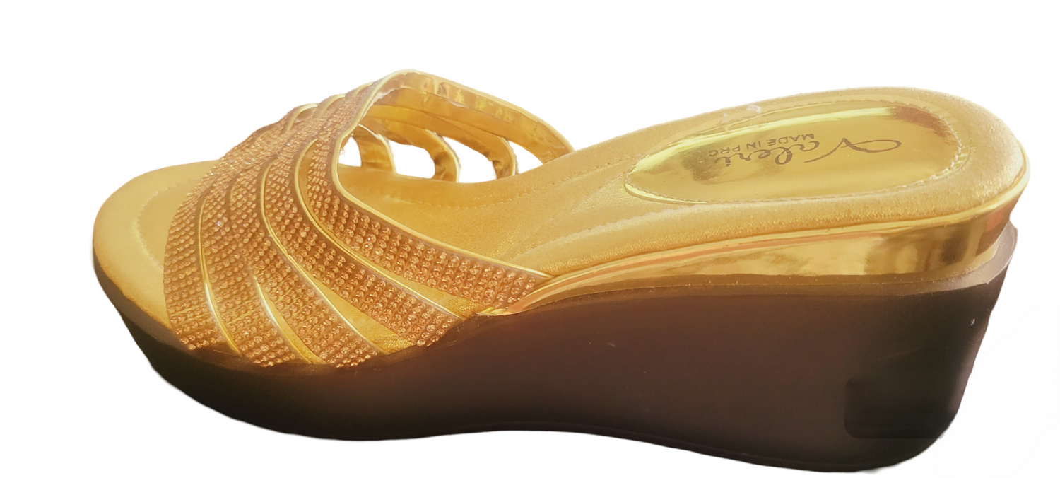 Gold and Black Valeri wedge Italian glittery gold stone slippers shoe Size 38 US 7