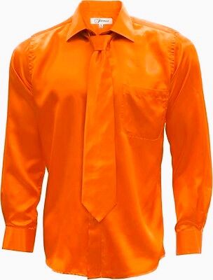 Ferrecci Mens Burnt Orange Shiny Satin Silk Dress Shirt Necktie & Hanky Set -MEDIUM