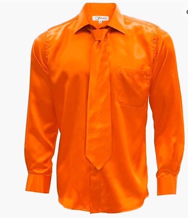Ferrecci Mens Burnt Orange Shiny Satin Silk Dress Shirt Necktie & Hanky Set -MEDIUM