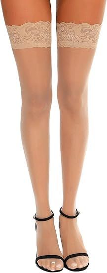 Hanes Panty hose Women's Lace Top Thigh High Silky Sheer Stockings sheer toe Ultra Shimmery Pantyhose leggings