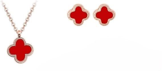 18K Gold-Plated Jewelry Set - Necklace, Bracelet, Earrings - Four-Leaf Clover Gift, Red