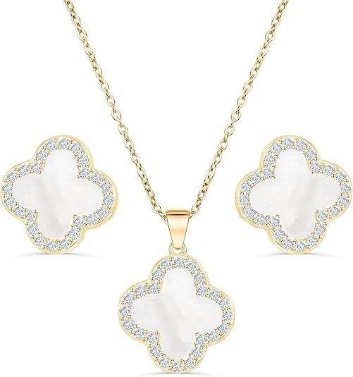Four Leaf Crystal Clover Necklace Earring Set for Women 18K Gold Plated Stainless Steel Cubic Zirconia Pendant 4 Leaf Lucky Ear Studs Jewelry Gift for Mother and Daughter