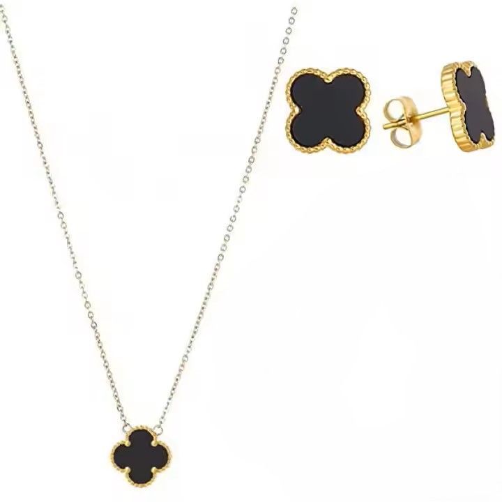 Lucky Clover Necklace Set, 18K-Gold Plated Trendy Lucky Clover, Necklace, Earrings Jewelry Set, Gifts for Mom, Wife, Daughter Friends, Black