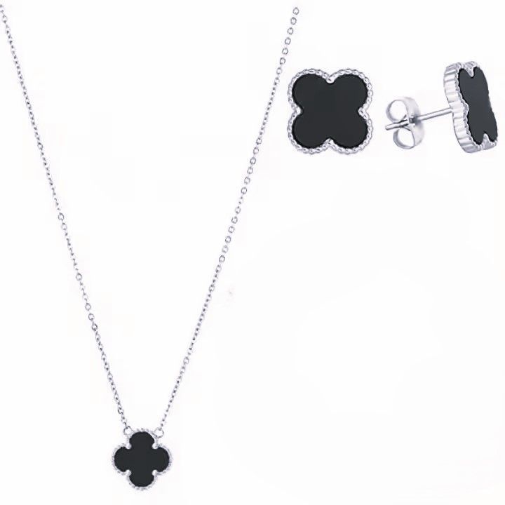 Lucky Clover Necklace Set, 18K-Gold Plated Trendy Lucky Clover, Necklace, Earrings Jewelry Set, Gifts for Mom, Wife, Daughter Friends, Silver Black