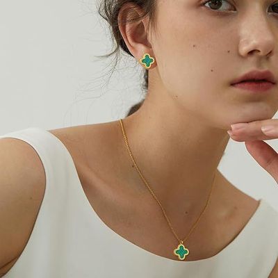 Lucky Clover Sets Earring, Necklace Pendant for Women Simple Cute Jewelry (Green) Lucky Clover Sets Earring, Necklace Pendant for Women Simple Cute Jewelry (Green)