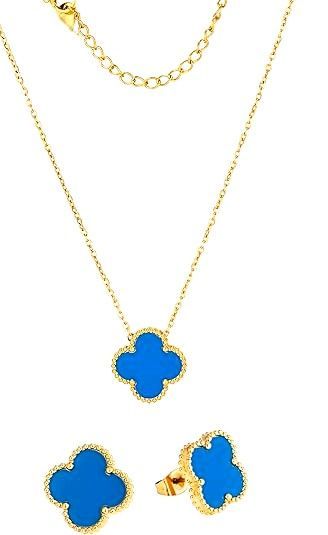 14K Gold Clover Charm Jewelry Set, Necklace and Earrings with Blue Enamel, Leaf Style