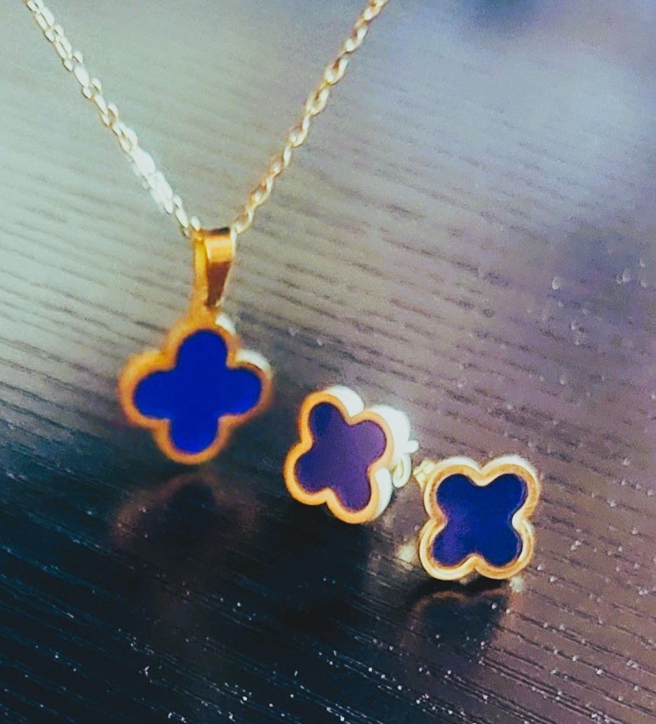 14K Gold Clover Charm Jewelry Set, Necklace and Earrings with Blue Enamel, Leaf Style